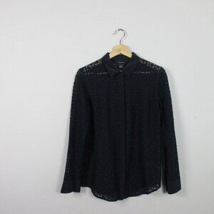 Club Monaco Women's Sheer Lace Button Down Top Blouse Long Sleeve Black M 162